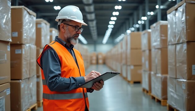 Customs agent in hard hat, safety vest inspects export pallets in bright warehouse. Pro logistics worker checks labels, documentation for shipping compliance, quality assurance. Organized workflow,