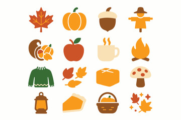 Autumn Fall Icons Set with Seasonal Harvest and Cozy Elements