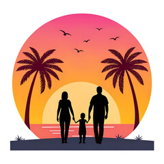 Family silhouette walking on beach during sunset tropical vacation