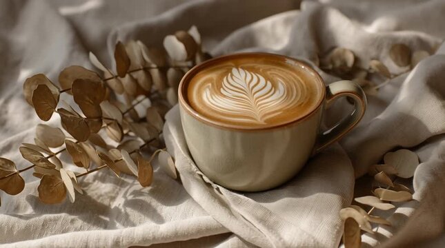 Latte with rosette latte art surrounded by dried hydrangea petals on a fabric background.