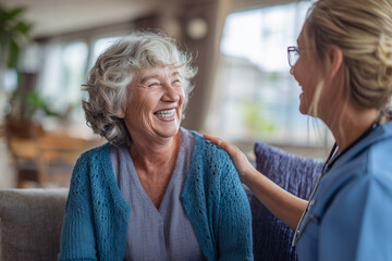 Smiling caregiver take a good care to senior people. Elderly care, nursing home