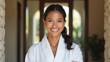 Attractive latin day spa owner smiles at camera. Happy female entrepreneur stands indoors spa. Successful businesswoman at work, wellness center. Confident lady in casual clothes in beauty studio.