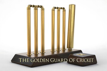Golden cricket wicket trophy with engraved base