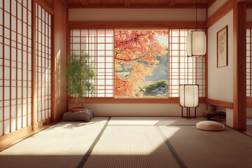 Traditional Japanese room with fall foliage view. Minimalist Zen interior and Autumn in Japan