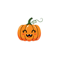 Smiling pumpkin illustration for Halloween, orange color, happy face, cute design.