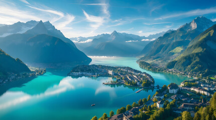 Turquoise Water Around Mountain Island Seen From Drone High Altitude landscape nature vacation destination wallpaper background