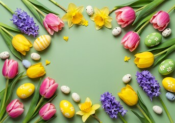 Obraz premium Vibrant Easter Floral Frame with Decorated Eggs