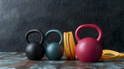 Photograph of kettlebells arranged on a textured teal surface, showcasing various colors and sizes.