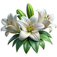 Obraz premium Elegant white lily bouquet with green leaves isolated high detail studio shot isolated on transparent background