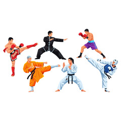 Diverse martial arts practitioners demonstrating various fighting techniques.