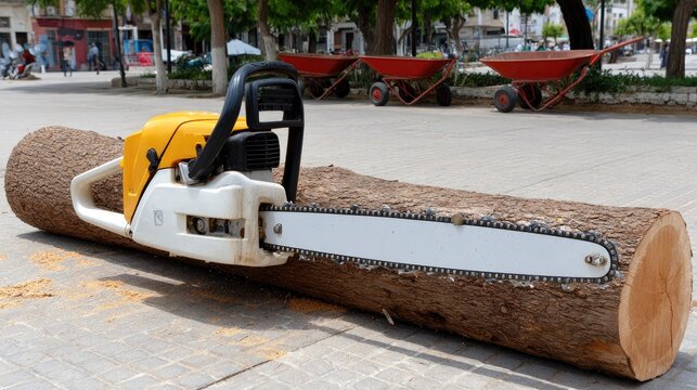 Wood is being sawed with an electric chainsaw amidst a forest clearing on a bright sunny day with a large tree trunk and four wheelbarrows nearby - Powered by Adobe