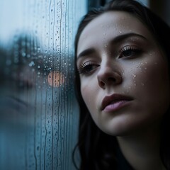 A close-up portrait of a young woman, gazing thoughtfully out of a window covered in rain droplets, bathed in soft, muted tones.