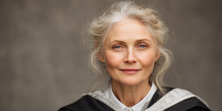Elegant senior woman in graduation gown, portrait of wise elderly lady with gray hair, confident expression and timeless beauty, education and achievement concept on neutral background