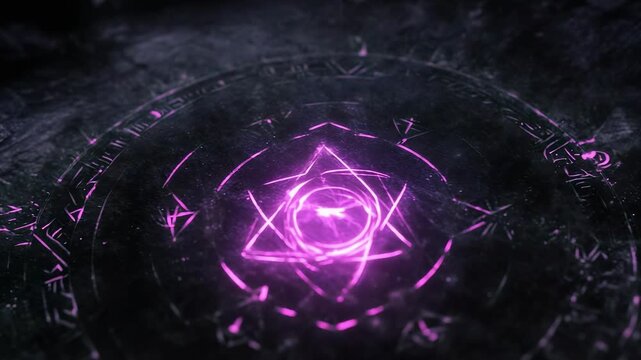 A glowing purple magic circle with runes and geometric sigils on a dark surface.