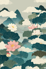Traditional Korean lotus and cloud pattern illustration