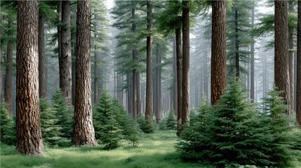 Obraz premium Sunlight filters through tall pines in a serene forest landscape at sunset in India, creating a magical atmosphere with long shadows on green grass