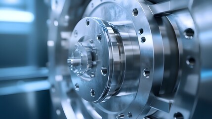 Fototapeta premium 3D render of a metallic gear assembly with intricate details in a blue-lit studio setting.