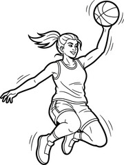 A dynamic black and white illustration of a female basketball player in mid-air, about to score a basket.