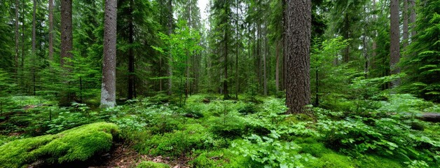 Obraz premium Sunlight filters through tall pines in a serene forest landscape at sunset in India, creating a magical atmosphere with long shadows on green grass