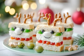Obraz premium Festive reindeer-themed holiday desserts with cream and pretzel antlers on a decorative christmas plate