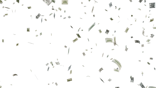 US Dollar Banknotes Flying Transparent PNG. money rain effects, finance-themed graphics, business ads, wealth or investment promotions, and creative motion design projects.