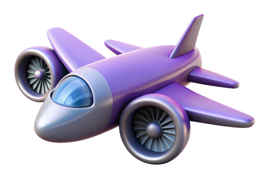 Cartoon airplane design purple and silver airplane design3d illustration isolated on transparent background