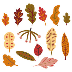 Set of decorative autumn leaves, abstract flat style