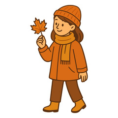 Autumn illustration of a girl in warm clothes holding a maple leaf