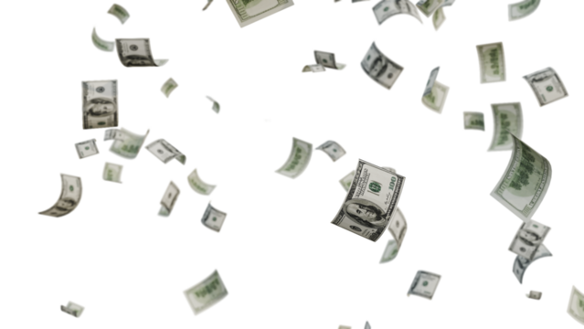 US Dollar Banknotes Flying Transparent PNG. money rain effects, finance-themed graphics, business ads, wealth or investment promotions, and creative motion design projects.