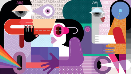 Social Media And Communication Apps.
People interact in digital spaces, on social media and messaging apps. Flat vector illustration of contemporary art.