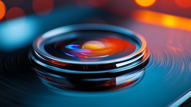 Photograph of a lens with bokeh, rendered in warm tones against a cool blue background.