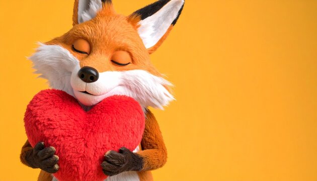 Cute crocheted fox hugging red heart on yellow background.