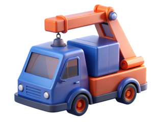 Cartoon crane truck delivering a blue package in 3d style 3d illustration isolated on transparent background
