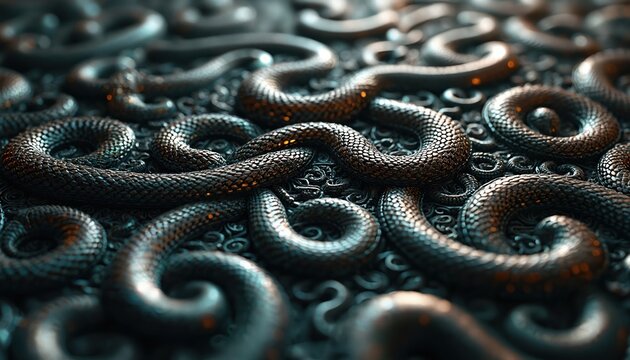 Close-up of intricate fractal pattern forming metallic snake pit. Dark, textured scales in brown, gold hues twist, curl, creating seamless, tiled relief. Liquid-like metal flows, suggesting deep,