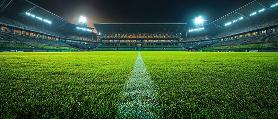 Empty Rugby Field with Lush Green Grass and Stands at Night