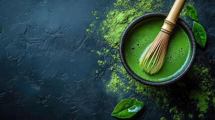 Matcha Green Tea Bowl and Bamboo Whisk on Dark Surface