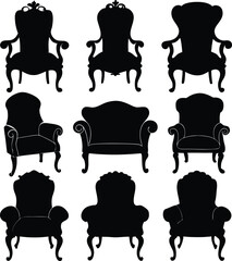 Silhouette Vector Set of Antique Armchairs: Vintage Furniture Illustrations