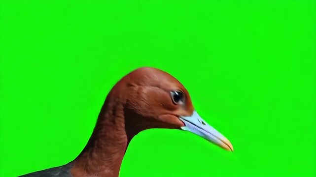 Exotic brown bird with blue beak against vibrant green screen, perfect for nature documentaries and wildlife footage with adaptable background