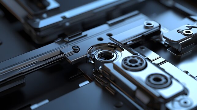 3D render of intricate mechanical components, gleaming in dark blue, showcasing complex gear arrangements.