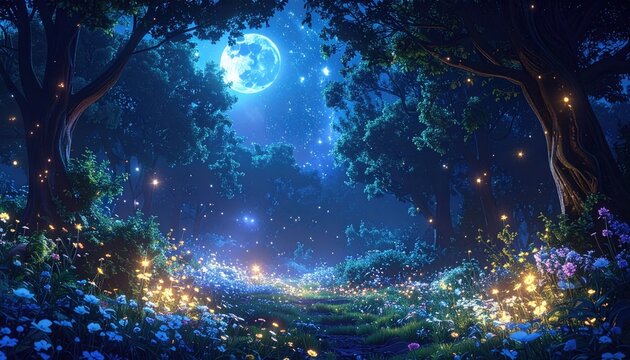 Enchanted Forest at Night with Moon and Fireflies