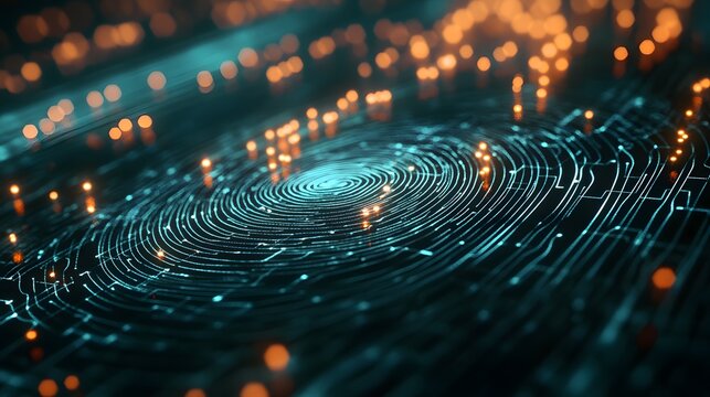 3D render of a fingerprint glowing on a dark circuit board background with scattered orange lights. - Powered by Adobe