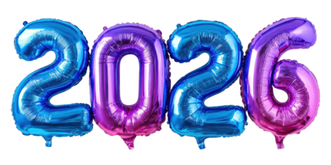 new year 2026 number blue purple gradient metallic balloons isolated on white or transparent png