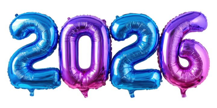new year 2026 number blue purple gradient metallic balloons isolated on white or transparent png