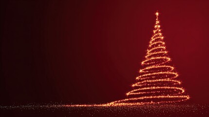 Minimalist vector illustration of a golden star Christmas tree on red background, positioned on the right with copy space, ideal for Christmas cards, posters, and social media designs