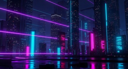 Obraz premium A futuristic city at night, illuminated by vibrant neon lights and laser beams, showcases modern architectural structures and a captivating ambiance.