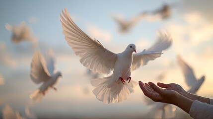Hands releasing white doves as symbols of peace and freedom, with birds flying in sky, minimalist vector illustration for posters, social media, and advocacy campaigns