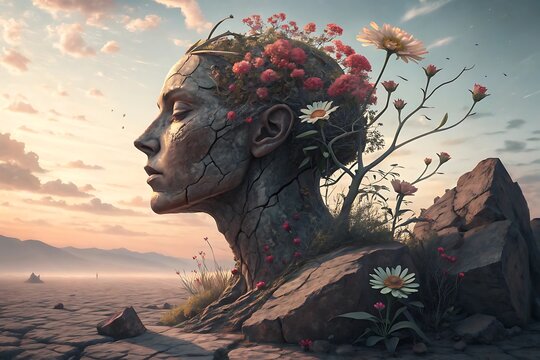 Surreal sculpture of a woman s head emerging from rocks with flowers