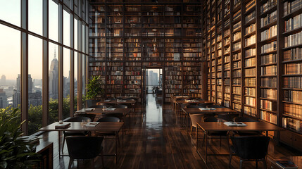 Refined classic library design upper story wood bookshelf soft light glass windows with outside urban cityscape architectural style interior design wallpaper background