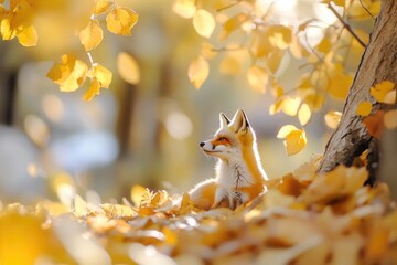 Adorable fox cub in autumn leaves with sunlit bokeh background