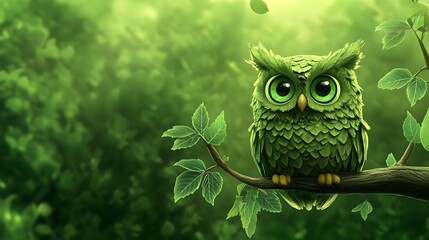 Digital illustration of a cute, green owl perched on a branch amidst foliage.